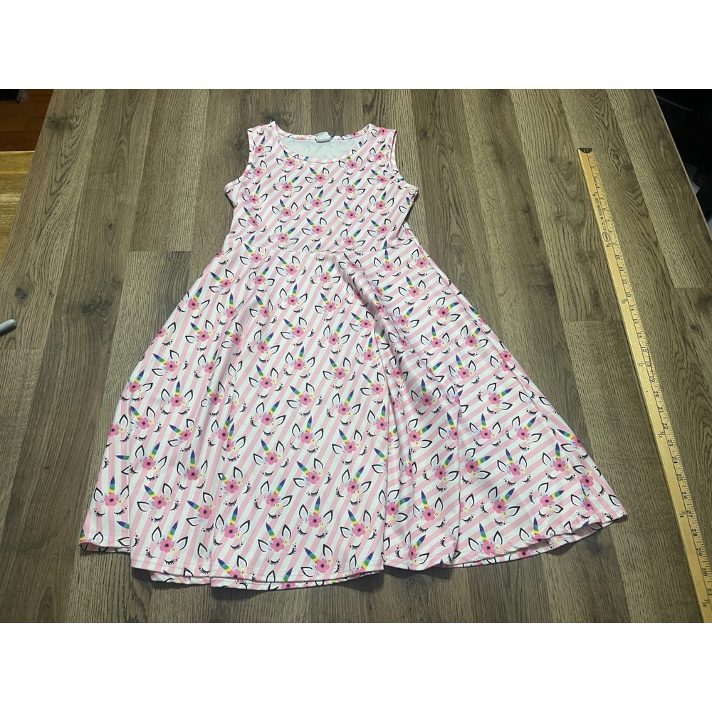 Funnycokid Dress, Youth Girls Size XL, Pink White, Striped, Floral Print, A-line